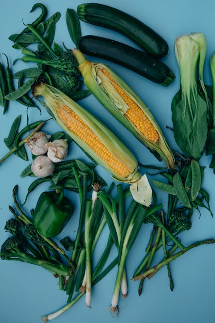 Assorted fresh green vegetables and corn on a vibrant blue background.